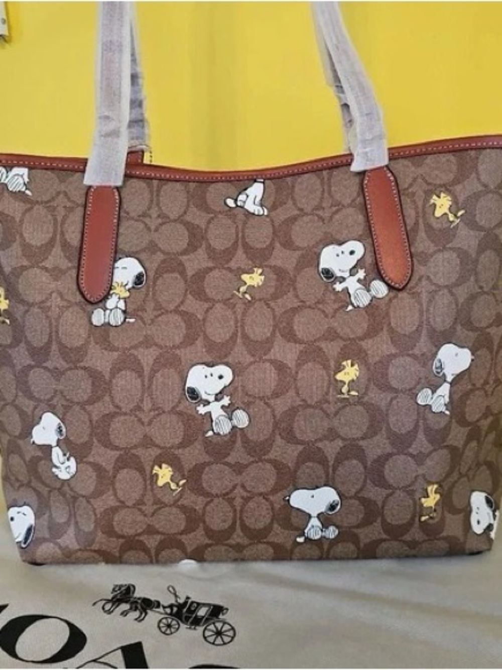 COACH Brown Snoopy & Woodstock Signature Canvas Tote with Yellow Tag - Picture 2 of 5